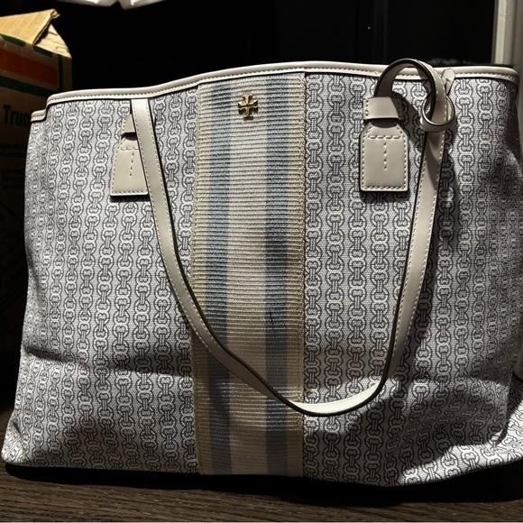 Tory Burch Gray and Blue Patterned Tote - Picture 1 of 6